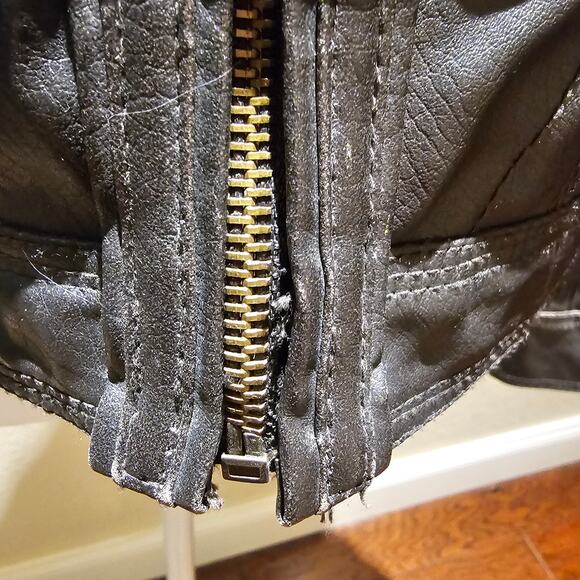 Freda M Brown Faux Leather Moto Jacket Gold Zip Pockets Vegan PVC Lined - Picture 12 of 13